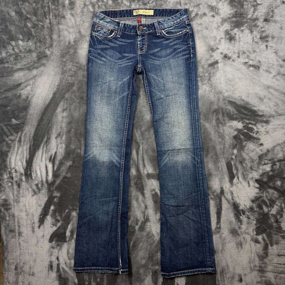 BKE Stella Bootcut Jeans Womens 30 Blue Good Stretch Low Rise Frayed Hem